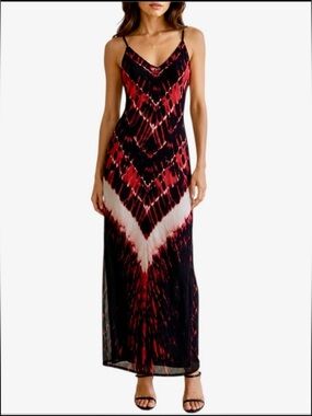 AFRM Tie-Dye V‑Neck Maxi Dress in Black & Burgundy